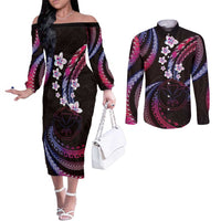 Hawaii Map Kanaka Maoli Couples Matching Off The Shoulder Long Sleeve Dress and Long Sleeve Button Shirt Fantastic Frangipani Sweet Dream LT01 Pink - Polynesian Pride