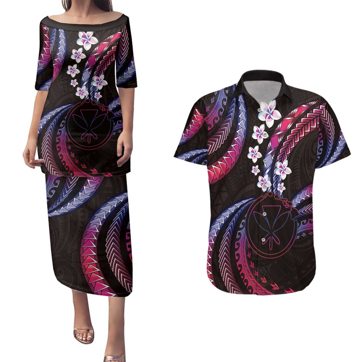 Hawaii Map Kanaka Maoli Couples Matching Puletasi and Hawaiian Shirt Fantastic Frangipani Sweet Dream