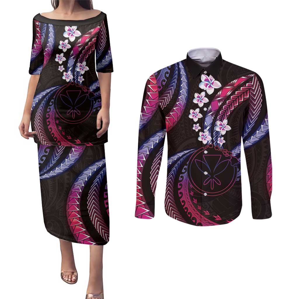 Hawaii Map Kanaka Maoli Couples Matching Puletasi and Long Sleeve Button Shirt Fantastic Frangipani Sweet Dream