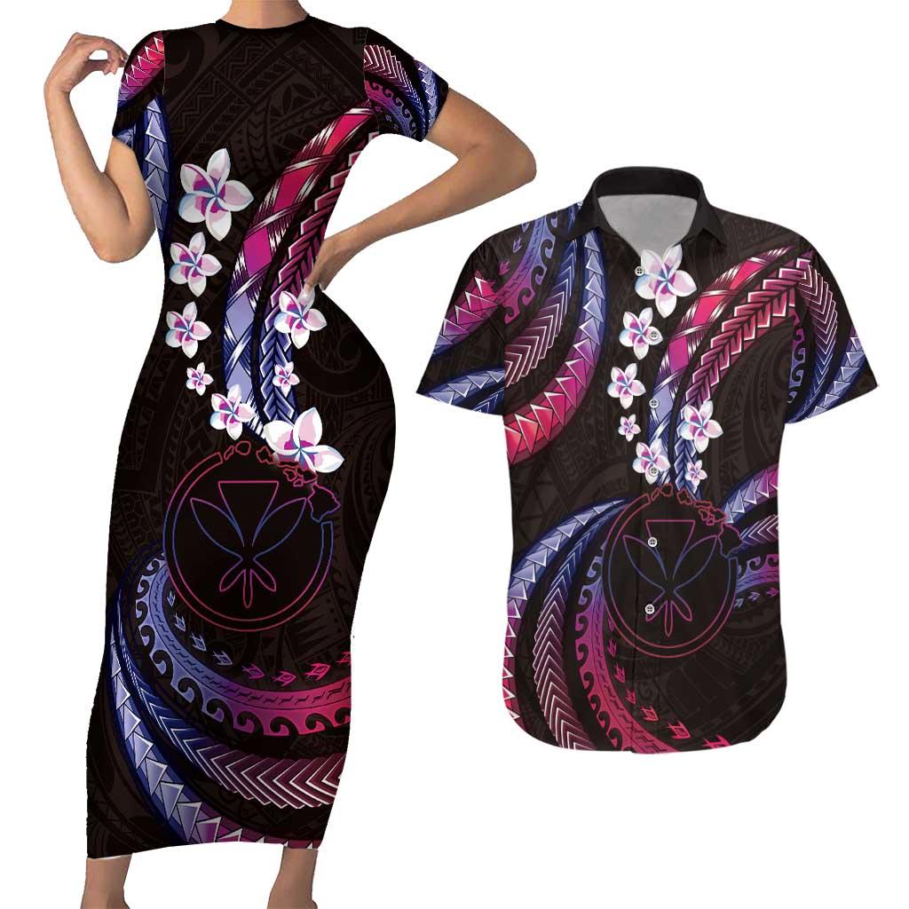 Hawaii Map Kanaka Maoli Couples Matching Short Sleeve Bodycon Dress and Hawaiian Shirt Fantastic Frangipani Sweet Dream LT01 Pink - Polynesian Pride