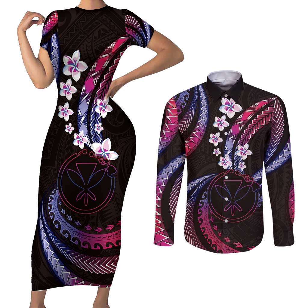 Hawaii Map Kanaka Maoli Couples Matching Short Sleeve Bodycon Dress and Long Sleeve Button Shirt Fantastic Frangipani Sweet Dream LT01 Pink - Polynesian Pride