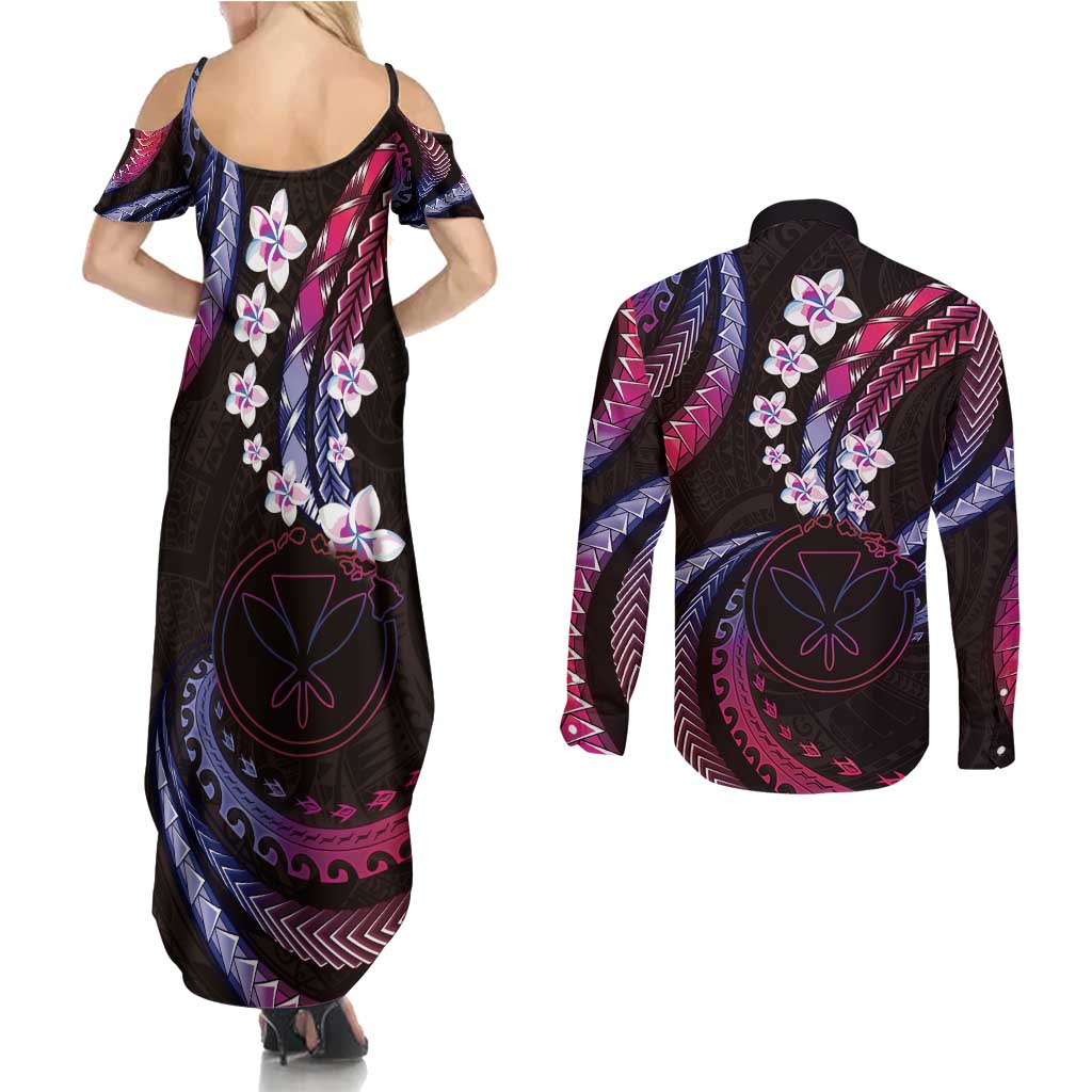 Hawaii Map Kanaka Maoli Couples Matching Summer Maxi Dress and Long Sleeve Button Shirt Fantastic Frangipani Sweet Dream