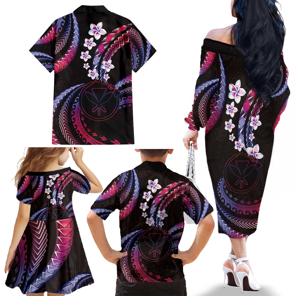 Hawaii Map Kanaka Maoli Family Matching Off The Shoulder Long Sleeve Dress and Hawaiian Shirt Fantastic Frangipani Sweet Dream LT01 - Polynesian Pride