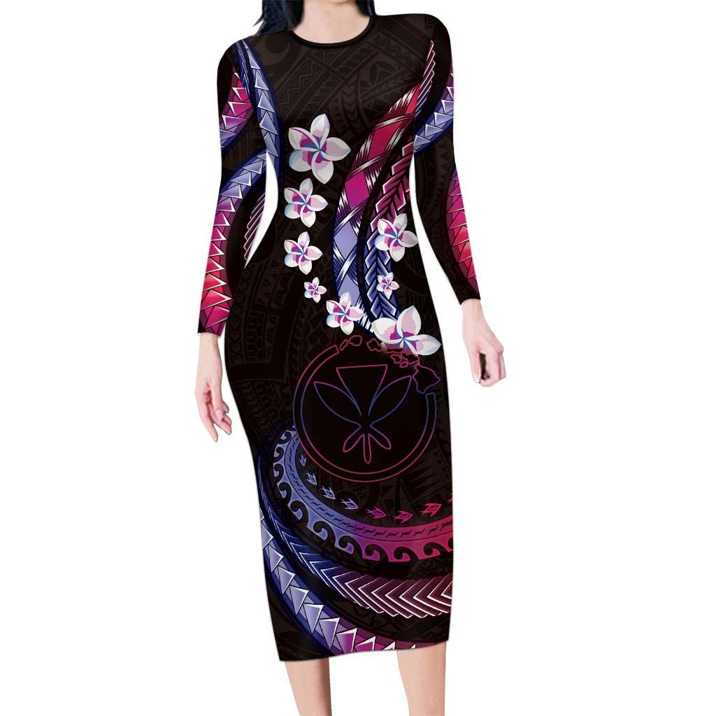 Hawaii Map Kanaka Maoli Long Sleeve Bodycon Dress Fantastic Frangipani Sweet Dream
