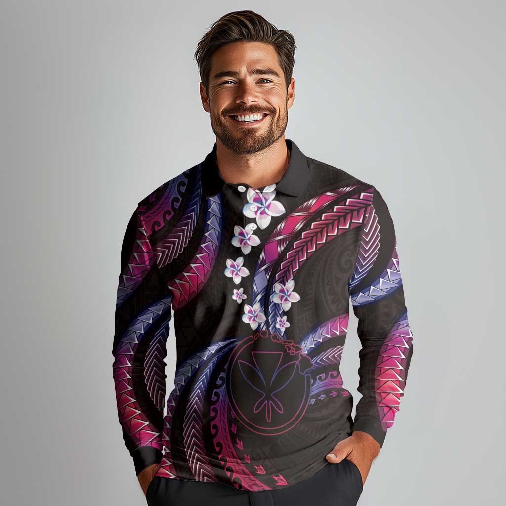 Hawaii Map Kanaka Maoli Long Sleeve Polo Shirt Fantastic Frangipani Sweet Dream