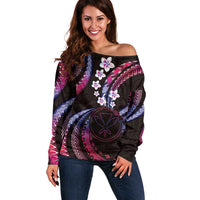 Hawaii Map Kanaka Maoli Off Shoulder Sweater Fantastic Frangipani Sweet Dream LT01 Women Pink - Polynesian Pride