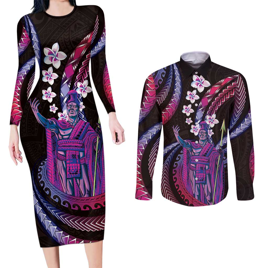 Hawaii King Kamehameha Couples Matching Long Sleeve Bodycon Dress and Long Sleeve Button Shirt Fantastic Plumeria Sweet Vibes LT01 Pink - Polynesian Pride