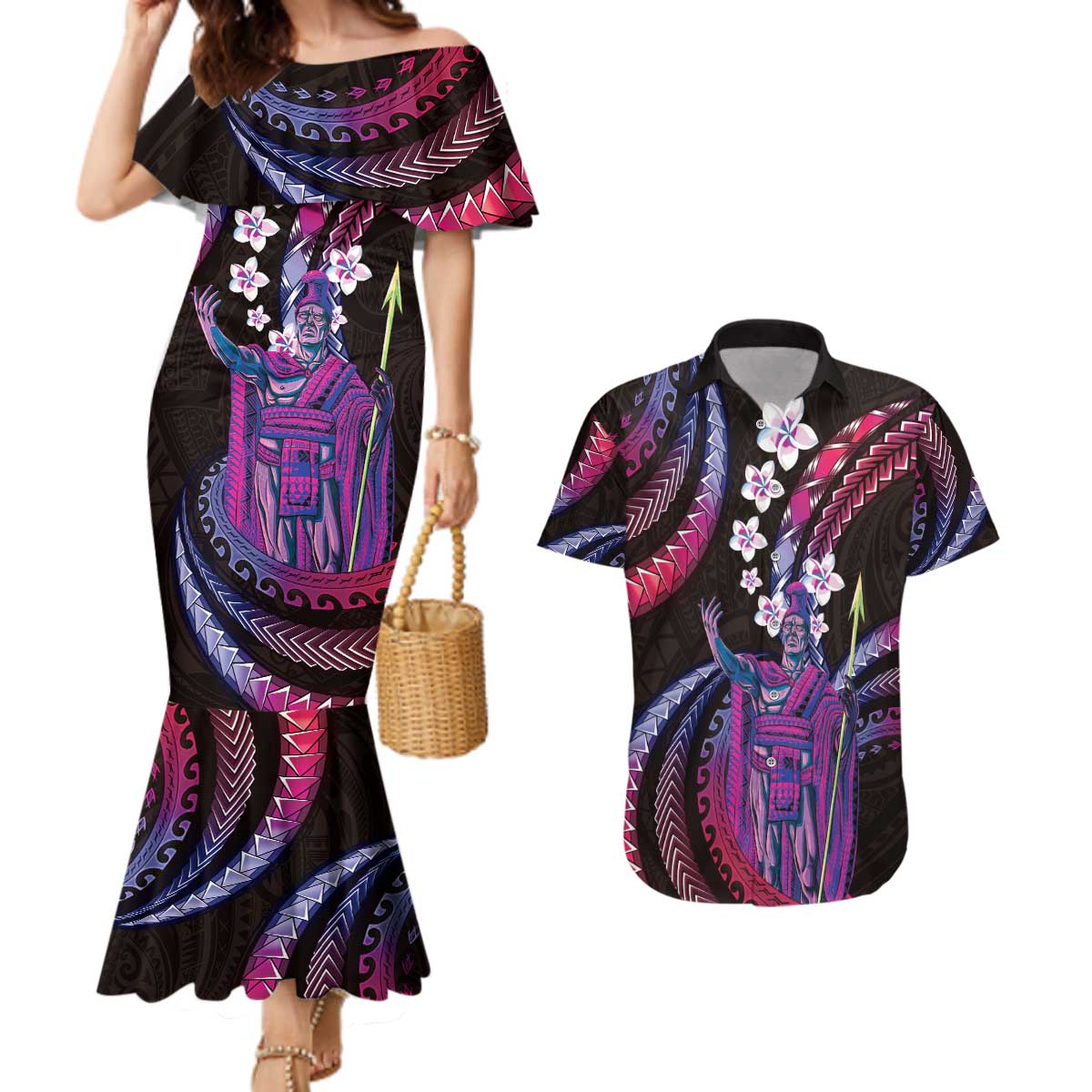 Hawaii King Kamehameha Couples Matching Mermaid Dress and Hawaiian Shirt Fantastic Plumeria Sweet Vibes LT01 Pink - Polynesian Pride