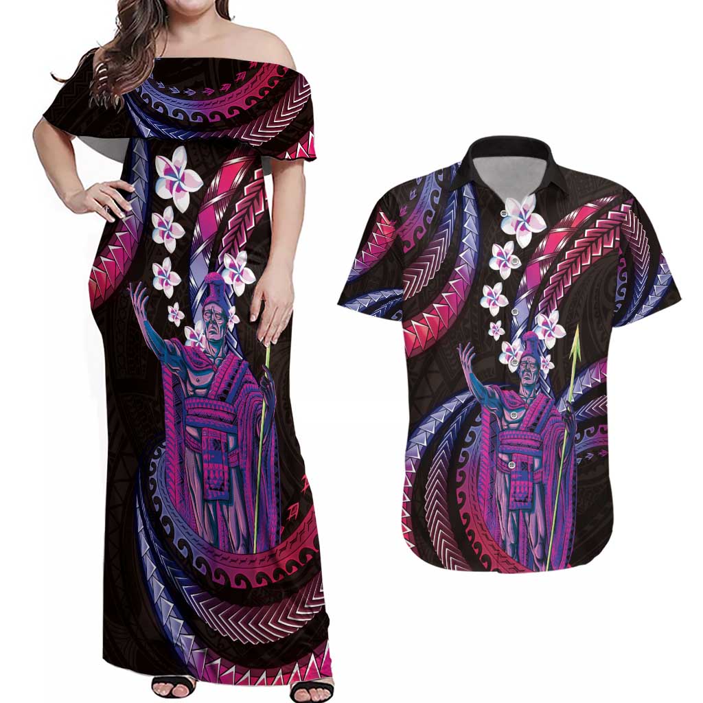 Hawaii King Kamehameha Couples Matching Off Shoulder Maxi Dress and Hawaiian Shirt Fantastic Plumeria Sweet Vibes