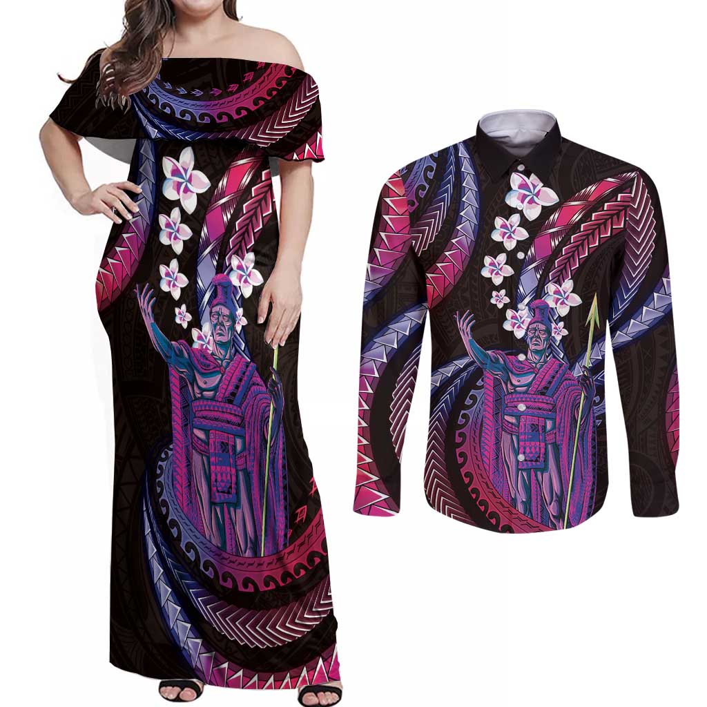 Hawaii King Kamehameha Couples Matching Off Shoulder Maxi Dress and Long Sleeve Button Shirt Fantastic Plumeria Sweet Vibes LT01 Pink - Polynesian Pride