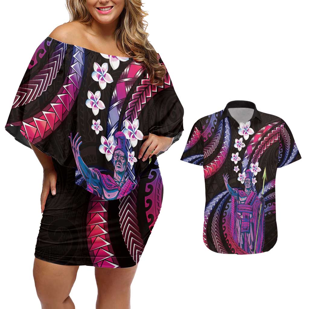 Hawaii King Kamehameha Couples Matching Off Shoulder Short Dress and Hawaiian Shirt Fantastic Plumeria Sweet Vibes