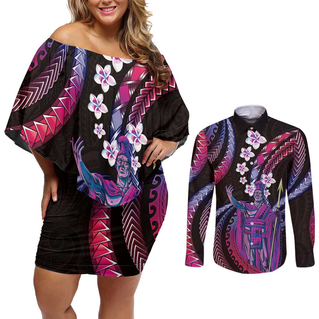 Hawaii King Kamehameha Couples Matching Off Shoulder Short Dress and Long Sleeve Button Shirt Fantastic Plumeria Sweet Vibes LT01 Pink - Polynesian Pride