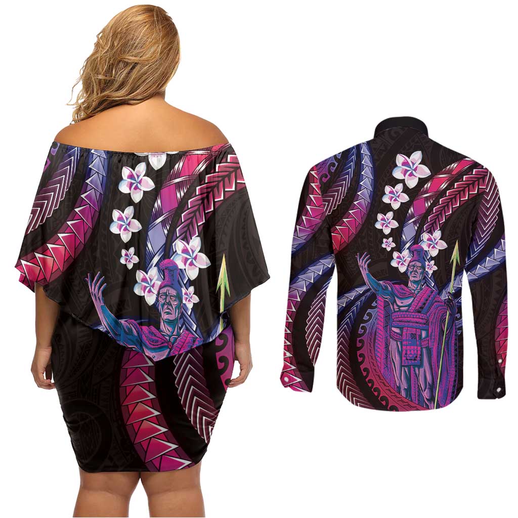 Hawaii King Kamehameha Couples Matching Off Shoulder Short Dress and Long Sleeve Button Shirt Fantastic Plumeria Sweet Vibes LT01 - Polynesian Pride