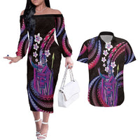 Hawaii King Kamehameha Couples Matching Off The Shoulder Long Sleeve Dress and Hawaiian Shirt Fantastic Plumeria Sweet Vibes LT01 Pink - Polynesian Pride