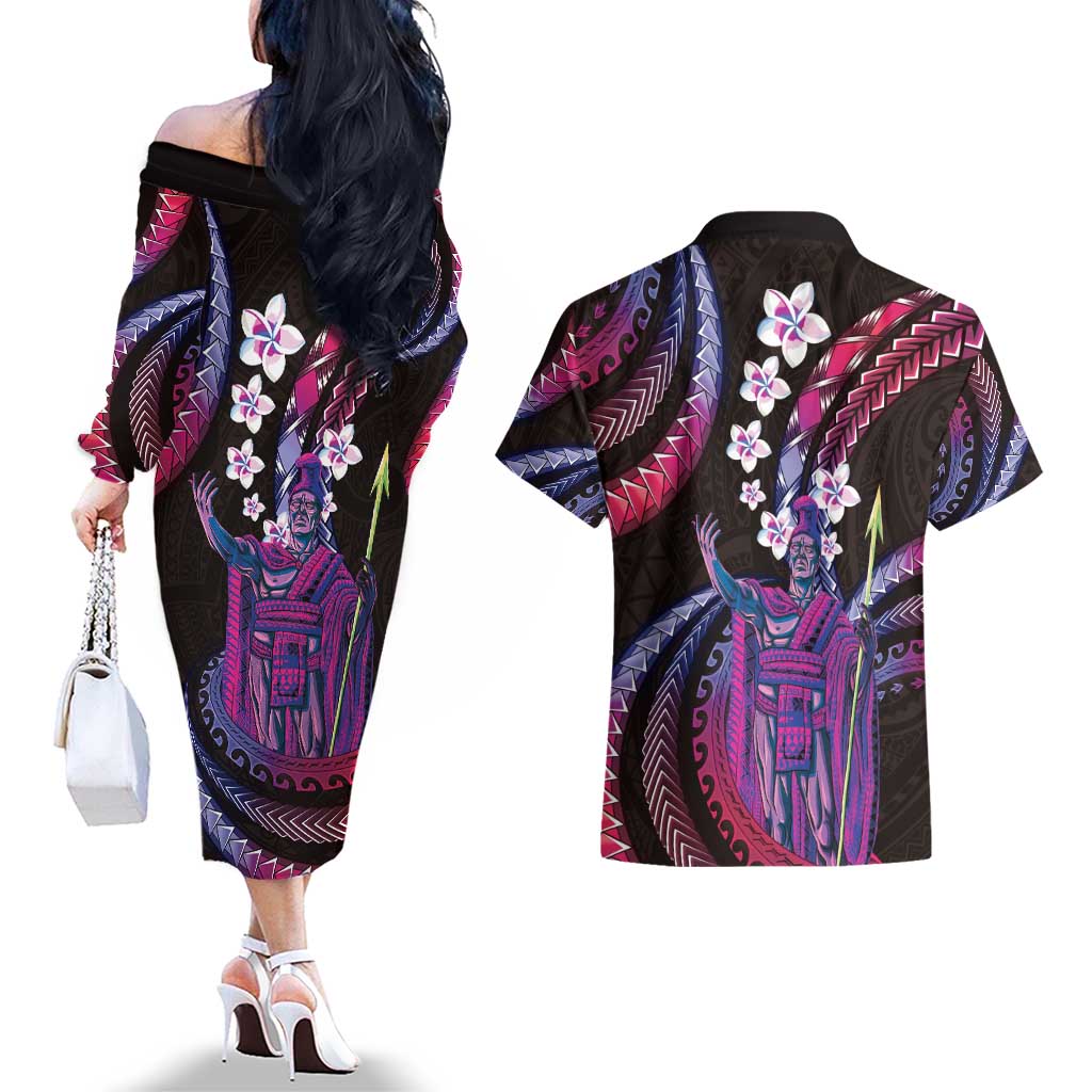 Hawaii King Kamehameha Couples Matching Off The Shoulder Long Sleeve Dress and Hawaiian Shirt Fantastic Plumeria Sweet Vibes LT01 - Polynesian Pride