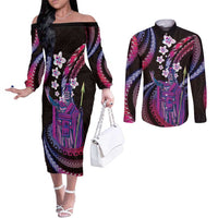 Hawaii King Kamehameha Couples Matching Off The Shoulder Long Sleeve Dress and Long Sleeve Button Shirt Fantastic Plumeria Sweet Vibes LT01 Pink - Polynesian Pride