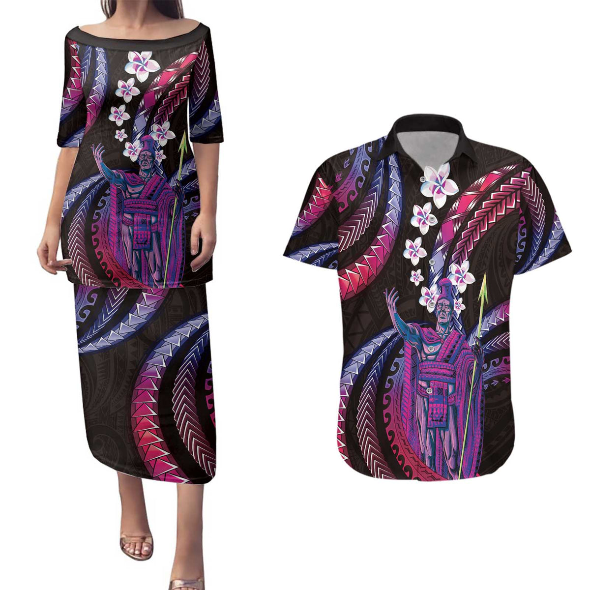 Hawaii King Kamehameha Couples Matching Puletasi and Hawaiian Shirt Fantastic Plumeria Sweet Vibes LT01 Pink - Polynesian Pride