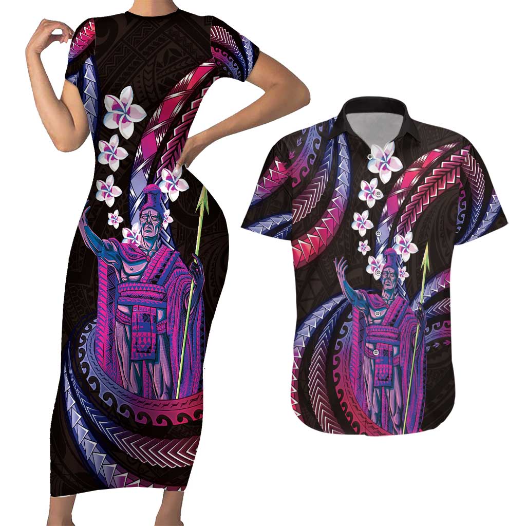 Hawaii King Kamehameha Couples Matching Short Sleeve Bodycon Dress and Hawaiian Shirt Fantastic Plumeria Sweet Vibes LT01 Pink - Polynesian Pride