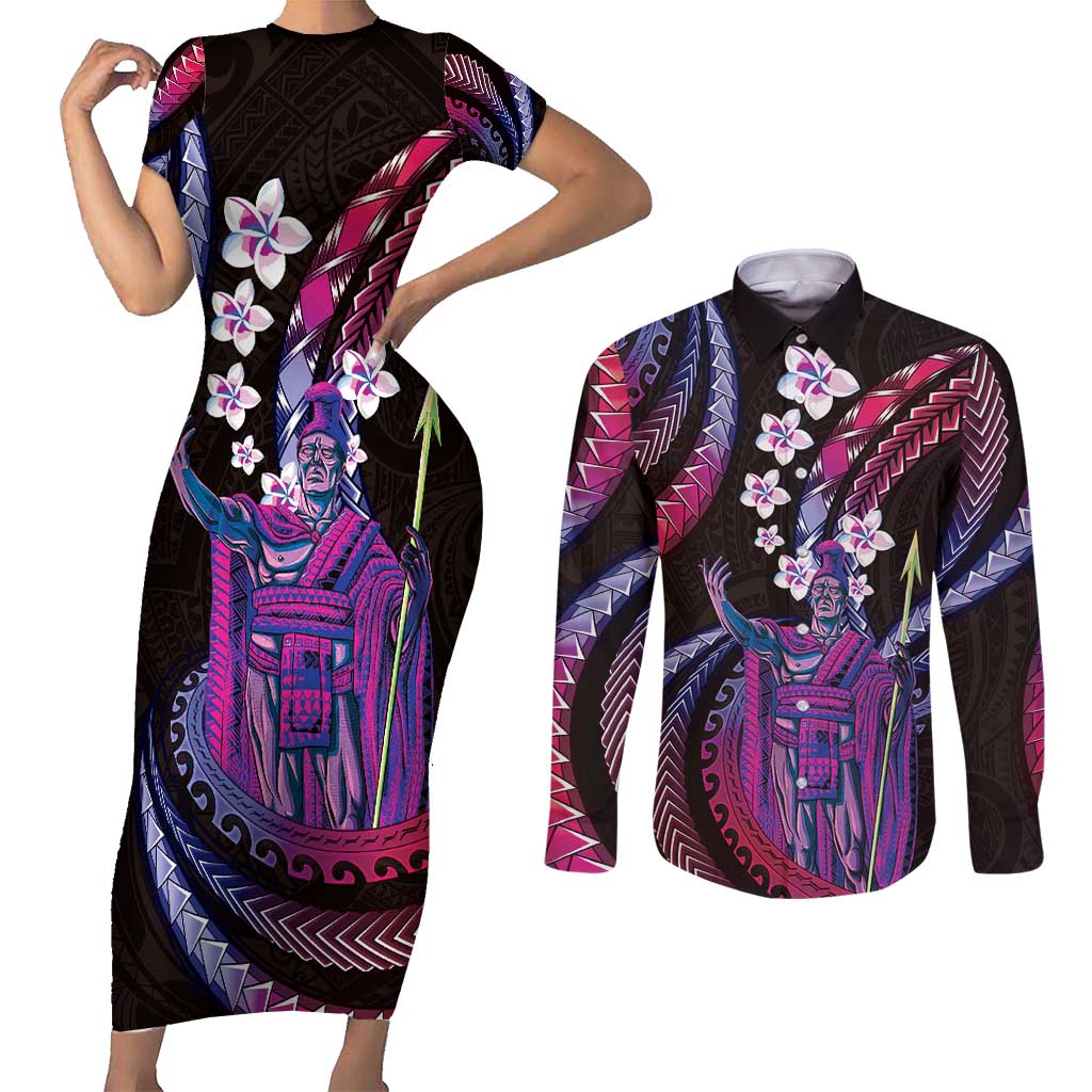 Hawaii King Kamehameha Couples Matching Short Sleeve Bodycon Dress and Long Sleeve Button Shirt Fantastic Plumeria Sweet Vibes LT01 Pink - Polynesian Pride