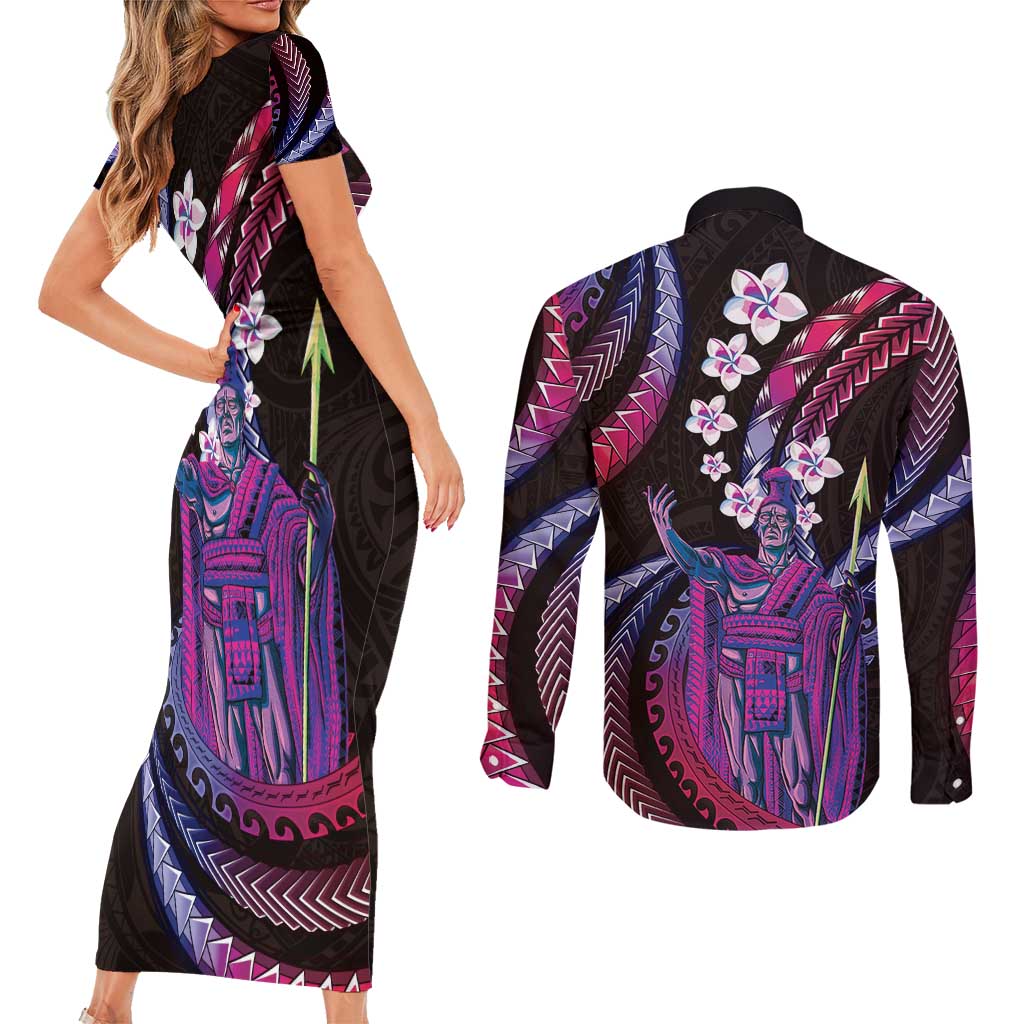 Hawaii King Kamehameha Couples Matching Short Sleeve Bodycon Dress and Long Sleeve Button Shirt Fantastic Plumeria Sweet Vibes LT01 - Polynesian Pride