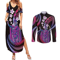 Hawaii King Kamehameha Couples Matching Summer Maxi Dress and Long Sleeve Button Shirt Fantastic Plumeria Sweet Vibes LT01 Pink - Polynesian Pride