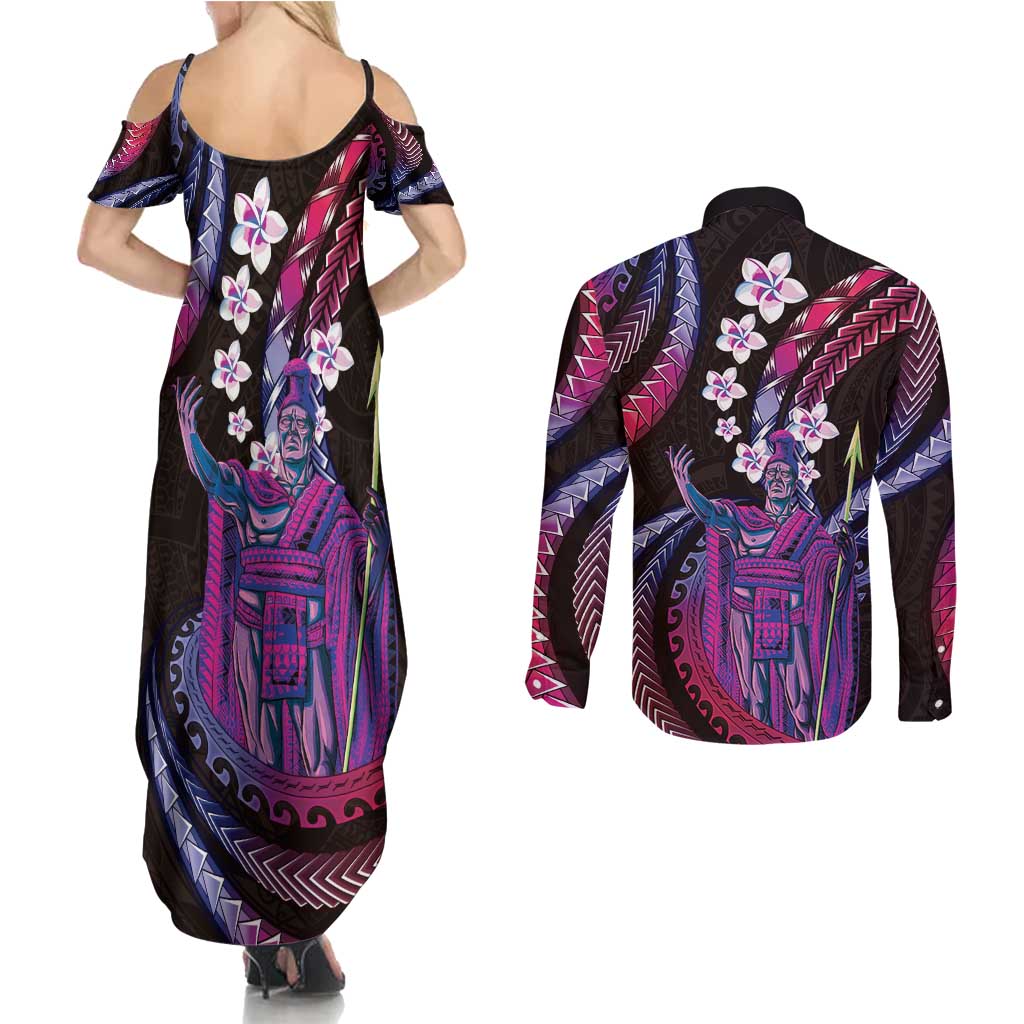 Hawaii King Kamehameha Couples Matching Summer Maxi Dress and Long Sleeve Button Shirt Fantastic Plumeria Sweet Vibes LT01 - Polynesian Pride