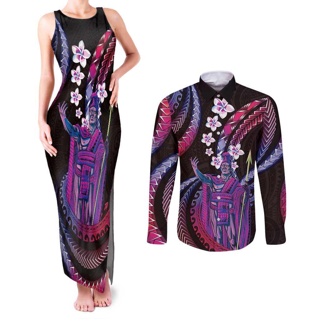 Hawaii King Kamehameha Couples Matching Tank Maxi Dress and Long Sleeve Button Shirt Fantastic Plumeria Sweet Vibes