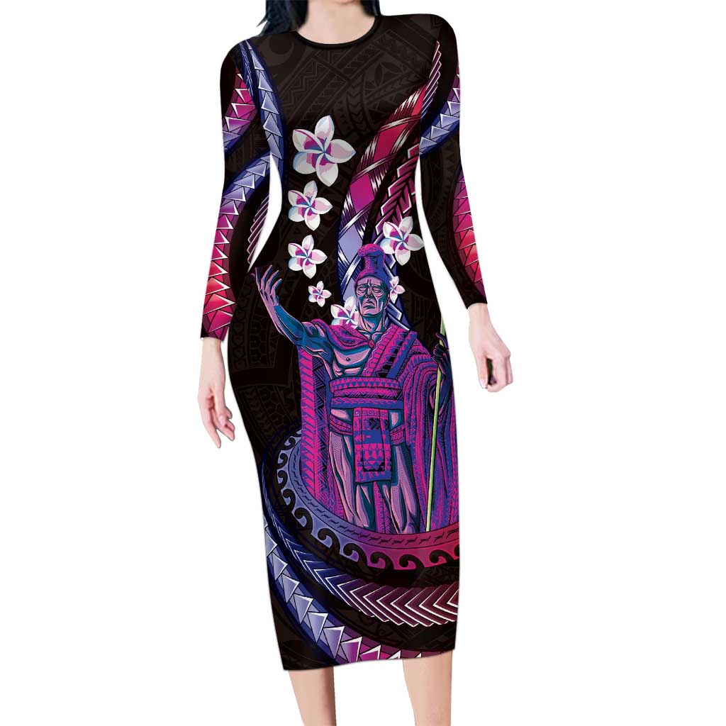 Hawaii King Kamehameha Family Matching Long Sleeve Bodycon Dress and Hawaiian Shirt Fantastic Plumeria Sweet Vibes LT01 Mom's Dress Pink - Polynesian Pride