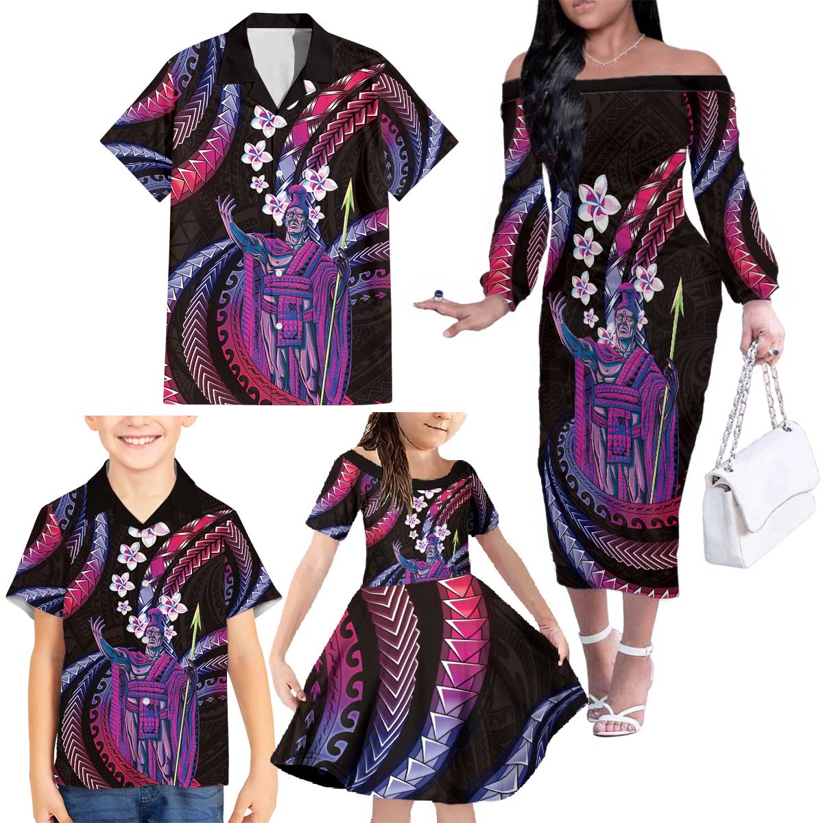 Hawaii King Kamehameha Family Matching Off The Shoulder Long Sleeve Dress and Hawaiian Shirt Fantastic Plumeria Sweet Vibes LT01 - Polynesian Pride