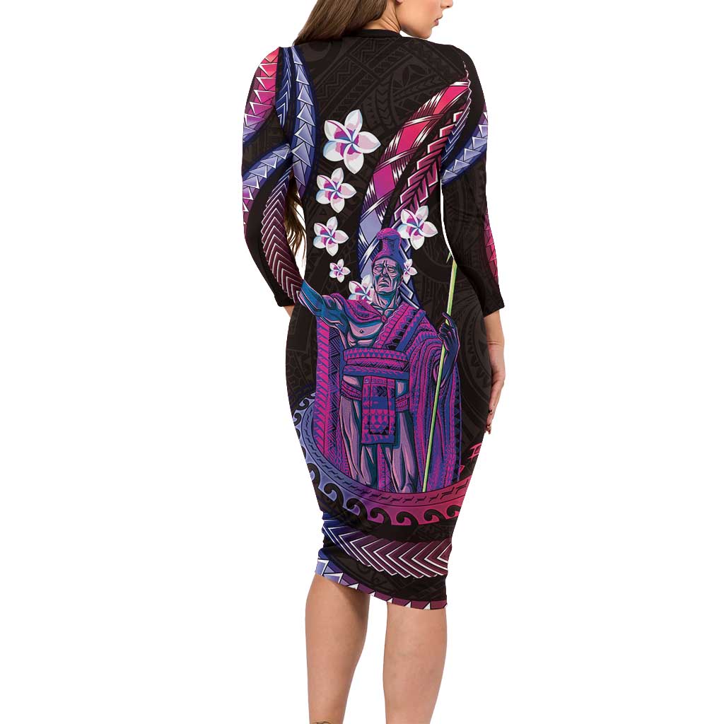 Hawaii King Kamehameha Long Sleeve Bodycon Dress Fantastic Plumeria Sweet Vibes