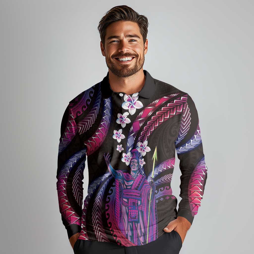 Hawaii King Kamehameha Long Sleeve Polo Shirt Fantastic Plumeria Sweet Vibes