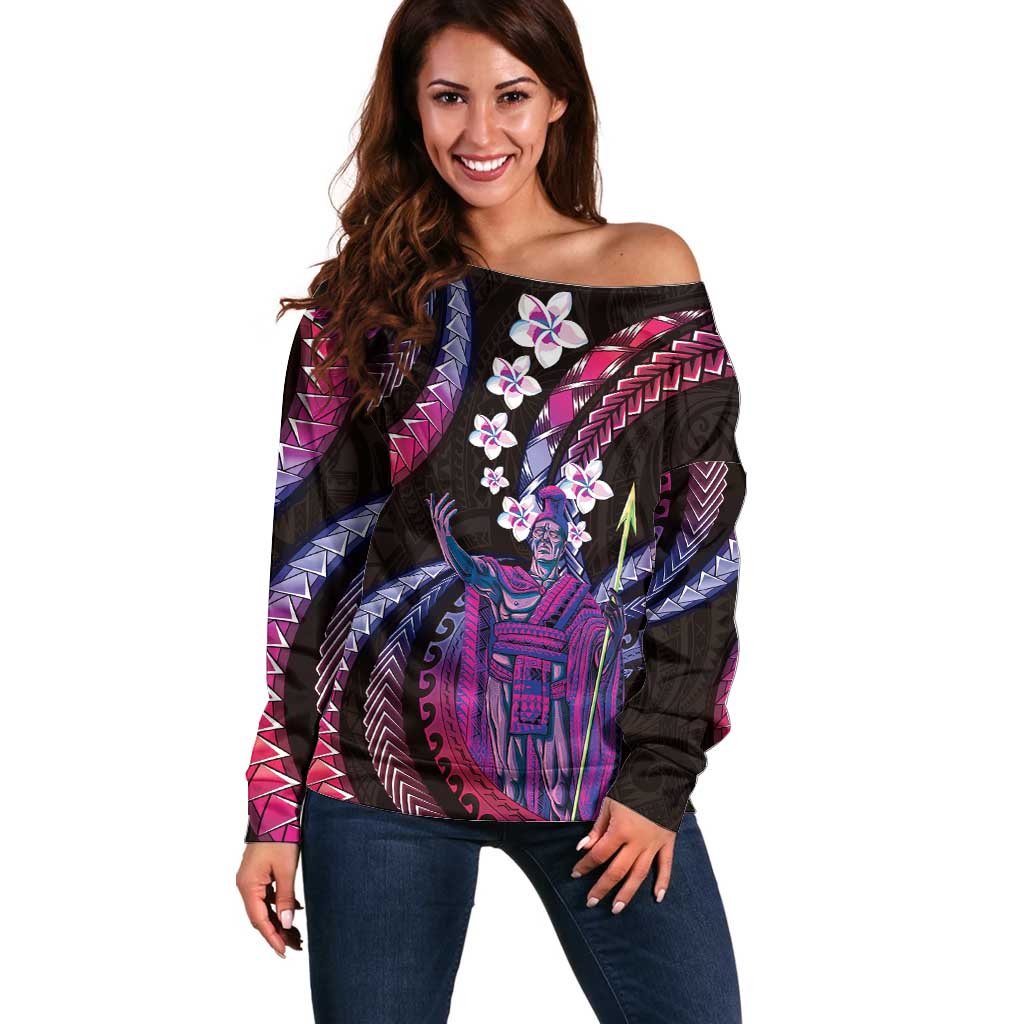 Hawaii King Kamehameha Off Shoulder Sweater Fantastic Plumeria Sweet Vibes