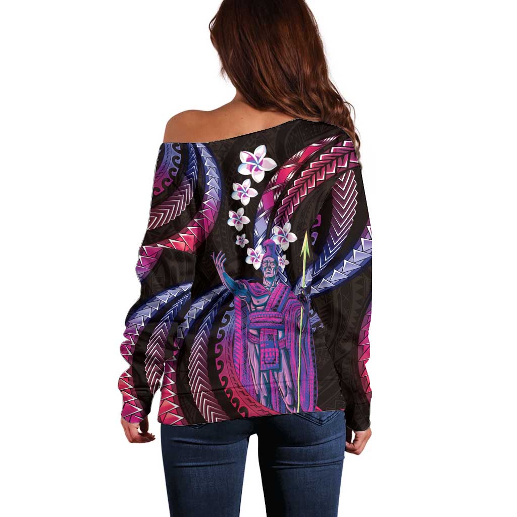 Hawaii King Kamehameha Off Shoulder Sweater Fantastic Plumeria Sweet Vibes