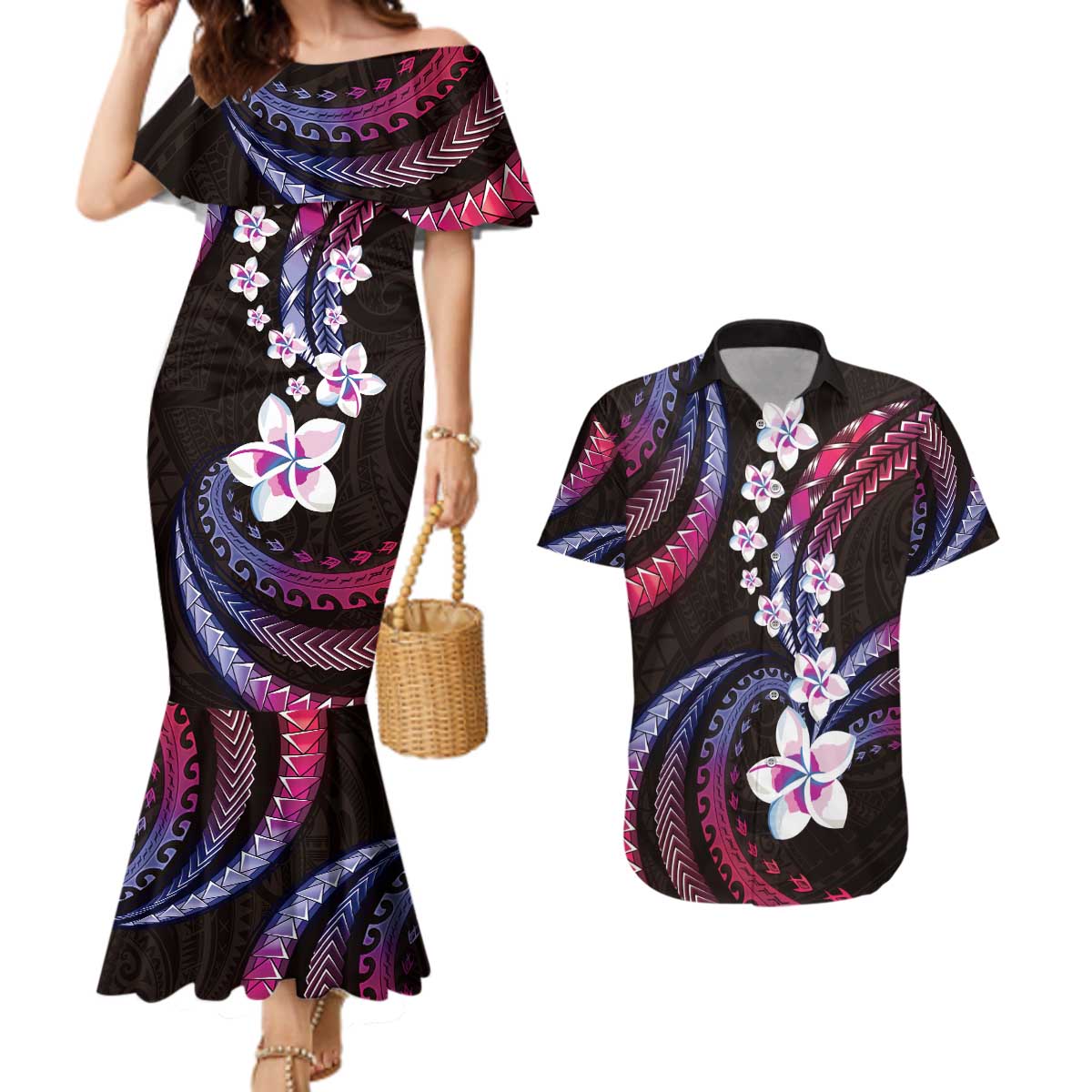 Hawaii Plumeria Couples Matching Mermaid Dress and Hawaiian Shirt Sweet Gradient Polynesian Pattern