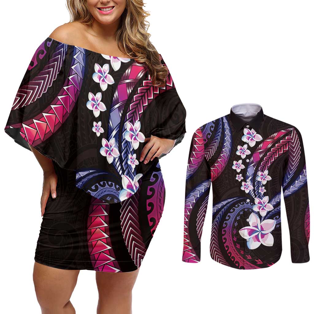 Hawaii Plumeria Couples Matching Off Shoulder Short Dress and Long Sleeve Button Shirt Sweet Gradient Polynesian Pattern