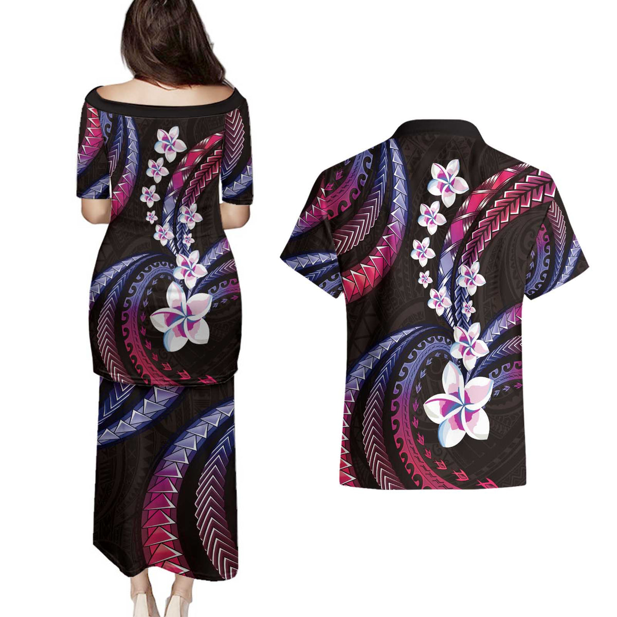 Hawaii Plumeria Couples Matching Puletasi and Hawaiian Shirt Sweet Gradient Polynesian Pattern