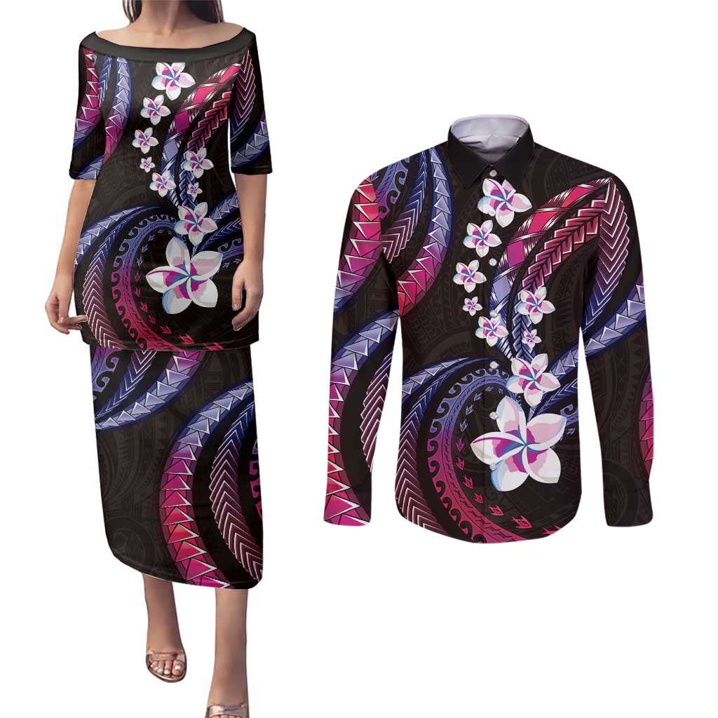 Hawaii Plumeria Couples Matching Puletasi and Long Sleeve Button Shirt Sweet Gradient Polynesian Pattern