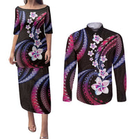 Hawaii Plumeria Couples Matching Puletasi and Long Sleeve Button Shirt Sweet Gradient Polynesian Pattern