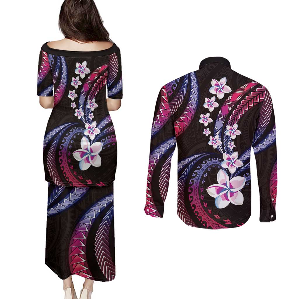 Hawaii Plumeria Couples Matching Puletasi and Long Sleeve Button Shirt Sweet Gradient Polynesian Pattern