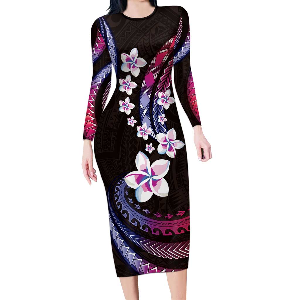 Hawaii Plumeria Family Matching Long Sleeve Bodycon Dress and Hawaiian Shirt Sweet Gradient Polynesian Pattern