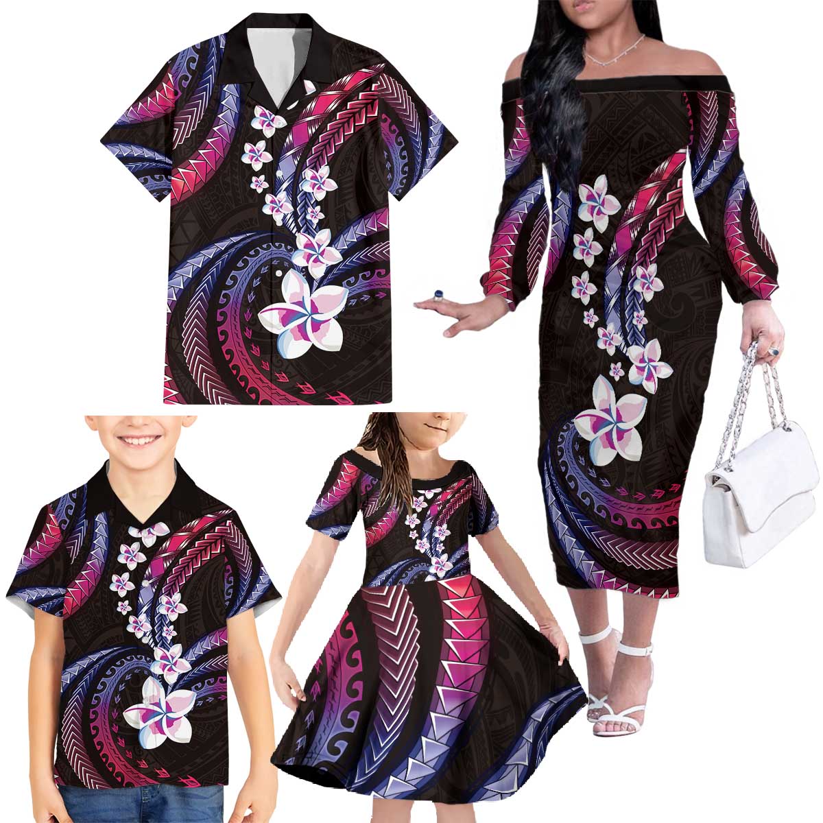 Hawaii Plumeria Family Matching Off The Shoulder Long Sleeve Dress and Hawaiian Shirt Sweet Gradient Polynesian Pattern LT01 - Polynesian Pride