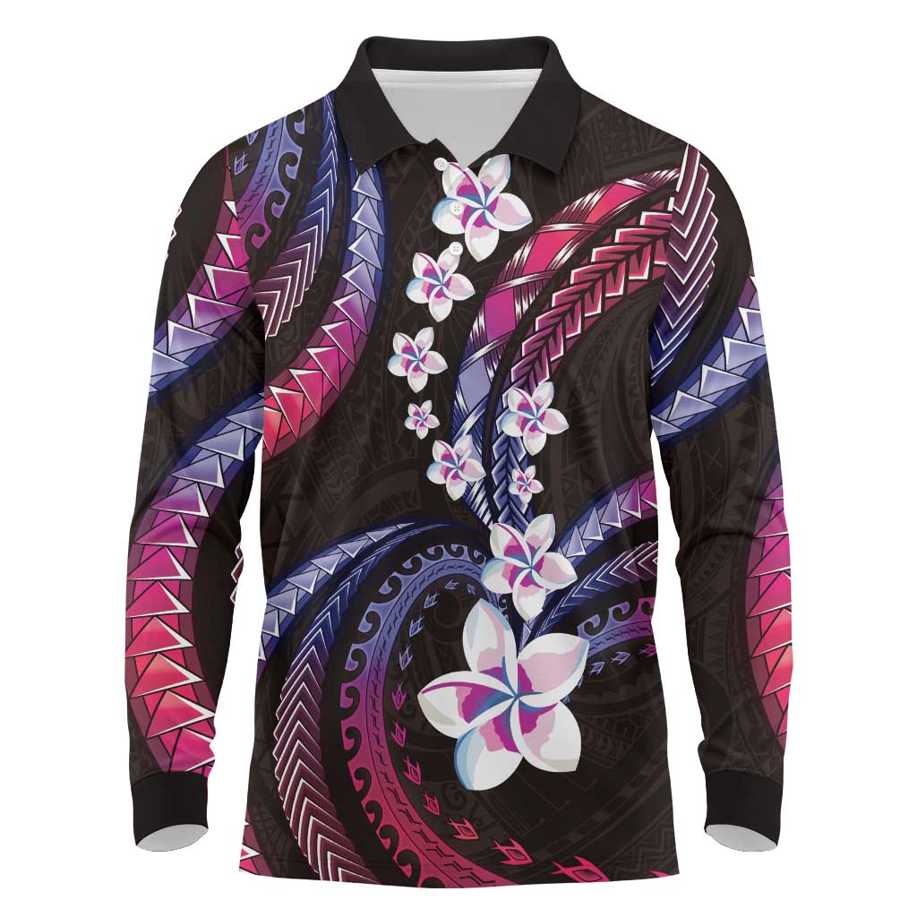 Hawaii Plumeria Long Sleeve Polo Shirt Sweet Gradient Polynesian Pattern