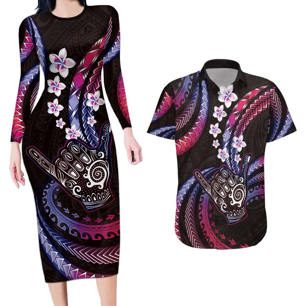 Hawaii Shaka Sign Couples Matching Long Sleeve Bodycon Dress and Hawaiian Shirt Fantastic Frangipani Sweet Vibes LT01 Pink - Polynesian Pride