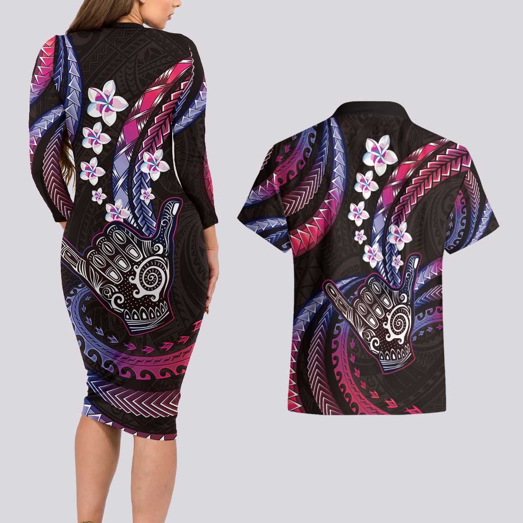 Hawaii Shaka Sign Couples Matching Long Sleeve Bodycon Dress and Hawaiian Shirt Fantastic Frangipani Sweet Vibes LT01 - Polynesian Pride