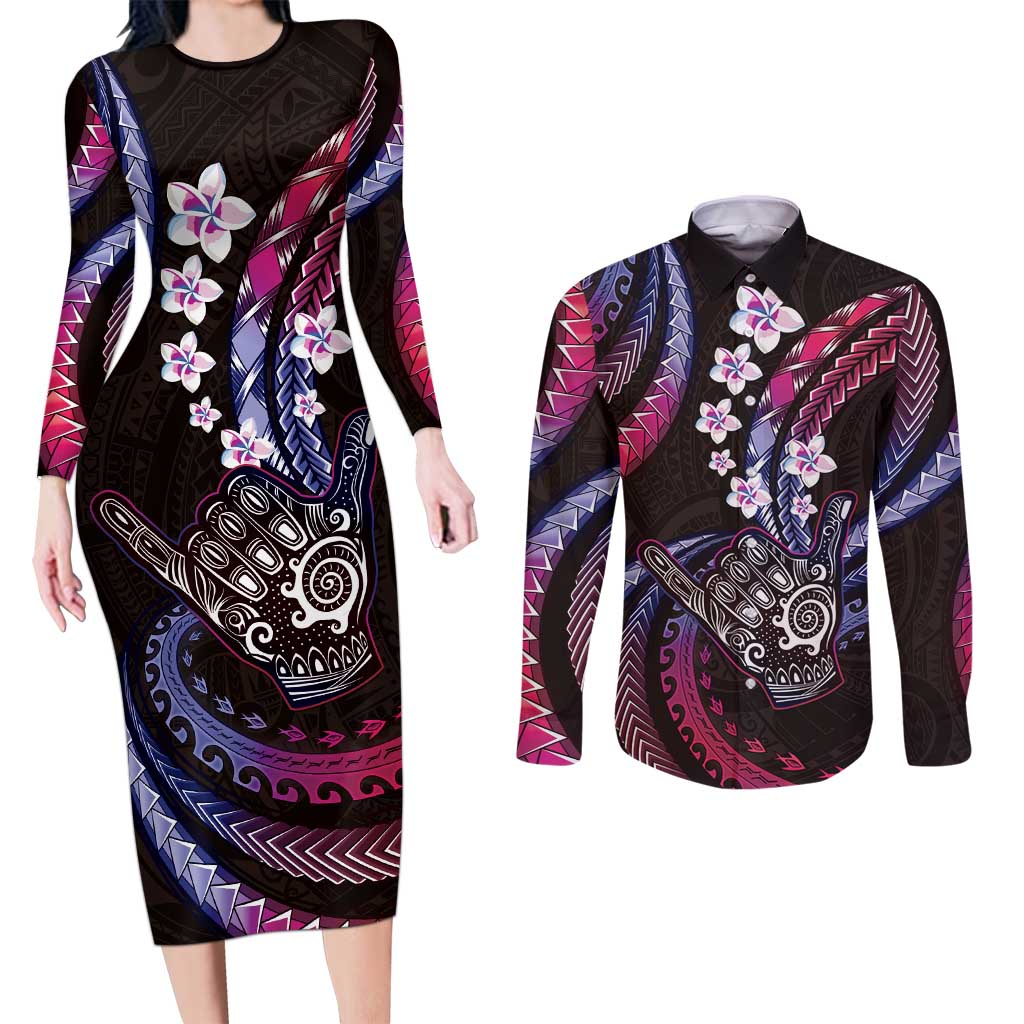 Hawaii Shaka Sign Couples Matching Long Sleeve Bodycon Dress and Long Sleeve Button Shirt Fantastic Frangipani Sweet Vibes