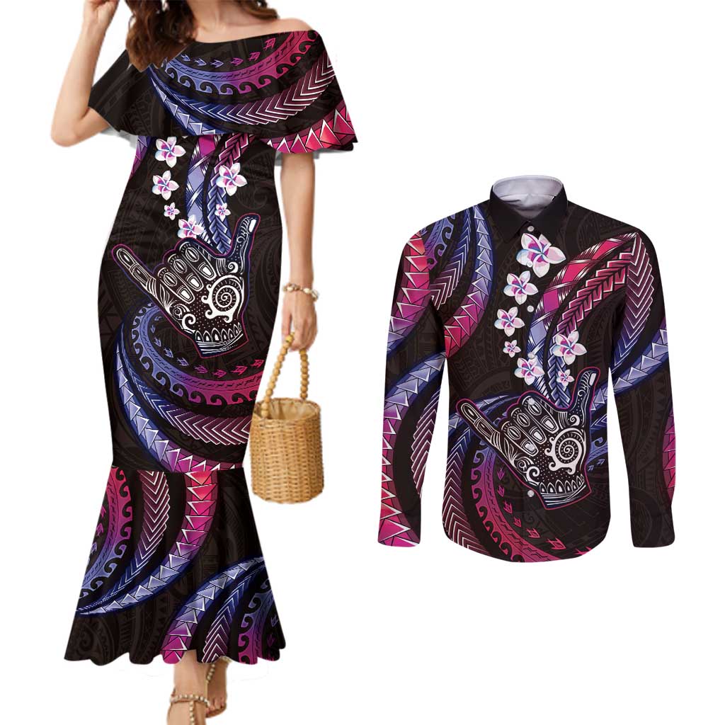 Hawaii Shaka Sign Couples Matching Mermaid Dress and Long Sleeve Button Shirt Fantastic Frangipani Sweet Vibes