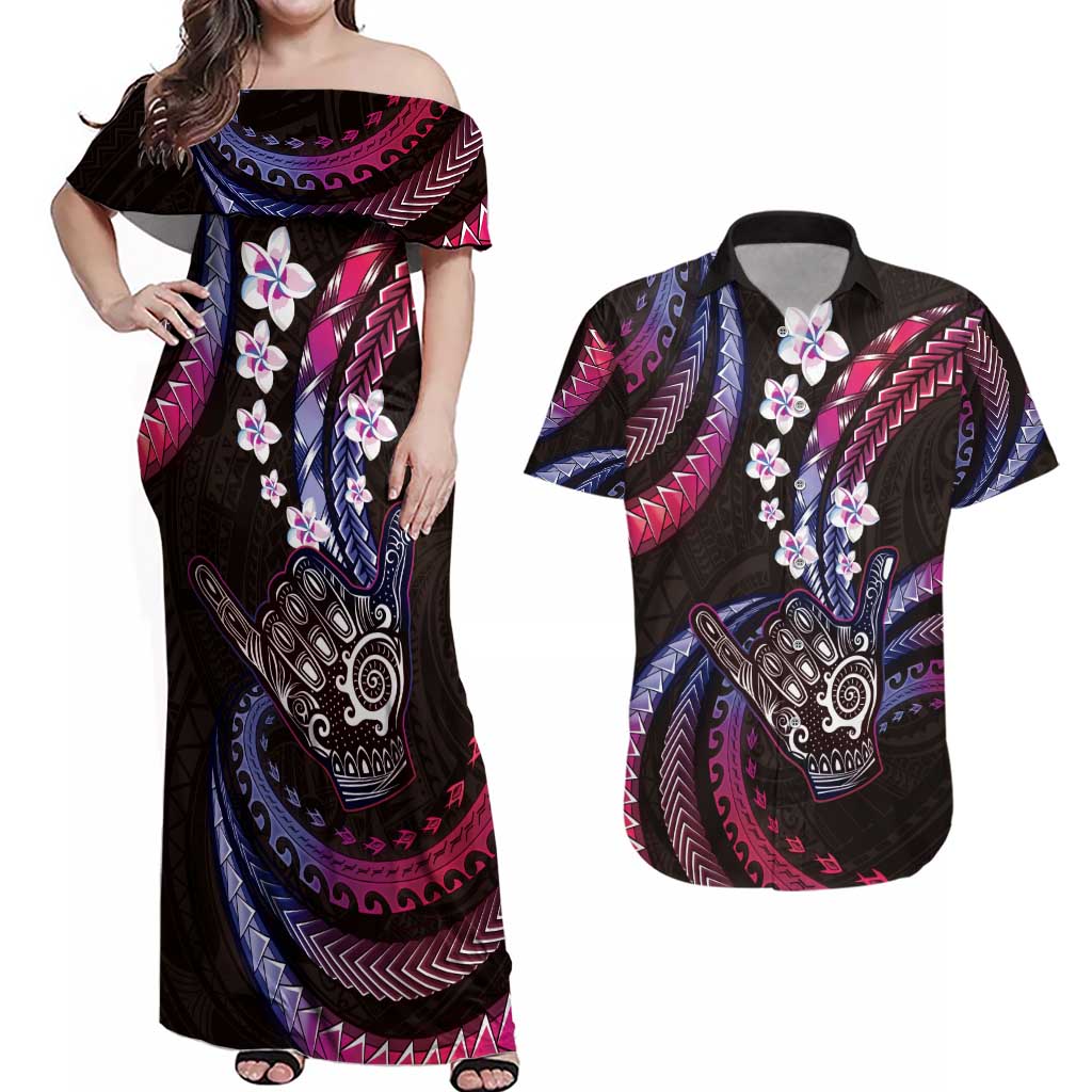Hawaii Shaka Sign Couples Matching Off Shoulder Maxi Dress and Hawaiian Shirt Fantastic Frangipani Sweet Vibes LT01 Pink - Polynesian Pride