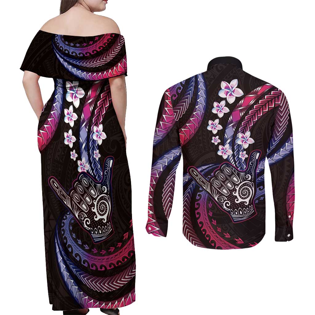Hawaii Shaka Sign Couples Matching Off Shoulder Maxi Dress and Long Sleeve Button Shirt Fantastic Frangipani Sweet Vibes