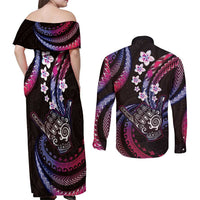 Hawaii Shaka Sign Couples Matching Off Shoulder Maxi Dress and Long Sleeve Button Shirt Fantastic Frangipani Sweet Vibes