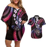 Hawaii Shaka Sign Couples Matching Off Shoulder Short Dress and Hawaiian Shirt Fantastic Frangipani Sweet Vibes LT01 Pink - Polynesian Pride